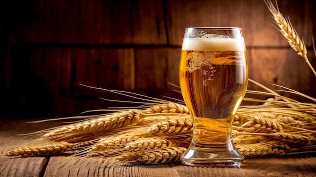 Lager ligero en un vaso sobre una mesa de madera contra el fondo de trigo Composición de la cerveza