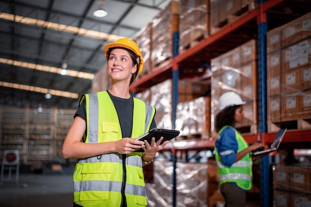 Lagerarbeiter der Industrie in Helmen mit Auftragsdetails für Produkte und Kontrolle der Warenvorräte auf Kisten in Regalen am Arbeitsplatz Lagerindustrie Logistik Export-Import-Distribution Geschäftskonzept