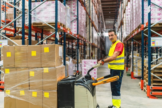 Lagerarbeiter, der Kisten mit Palettenwagen im Logistikzentrum bewegt