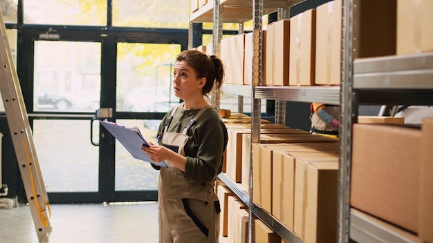 Lagerarbeiter überprüft den Lagerbestand und arbeitet an der Logistikinspektion, um Produktbestellungen aus dem Lagerraum zu versenden. Frau verwaltet Kartons mit Frachtgütern mit Liste zur Qualitätskontrolle.