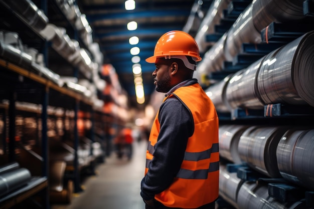 Lagerbestandsverwaltung in einer Metallfabrik mit einem Ingenieur oder Inspektor, der die Lagerhaltung durchführt