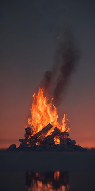 Lagerfeuer auf dem See bei Sonnenuntergang im Winter