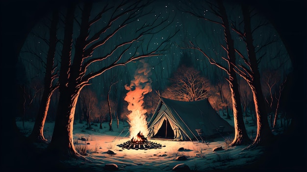 Lagerfeuer brennt vor Touristenzelt in Nachtwald neuronaler Netzwerk generierte Kunst