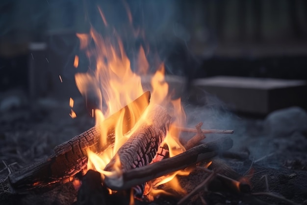 Lagerfeuer, das in den Waldherbstflammenstöcken und -kohlen herunterbrennt