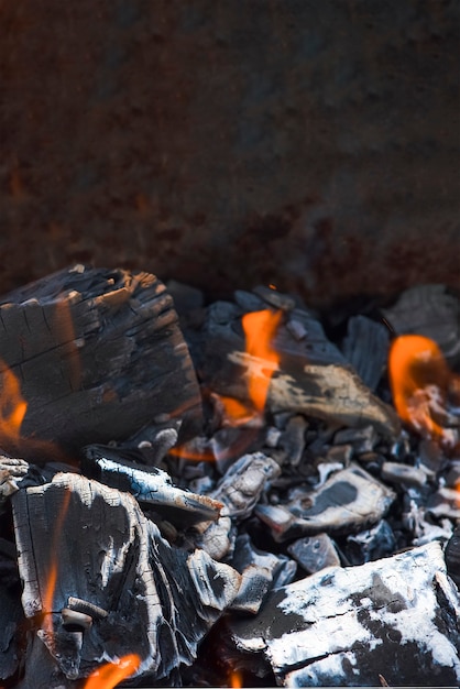 Lagerfeuer Glut. Grillkohlen mit Feuer. Nahaufnahme des Verbrennungsprozesses von Holz, Holzkohle zum Grillen