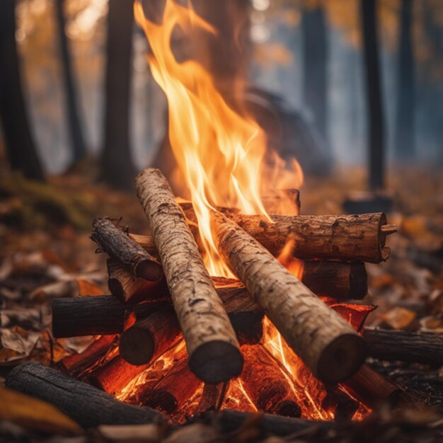 Lagerfeuer im Herbstwald in Nahaufnahme