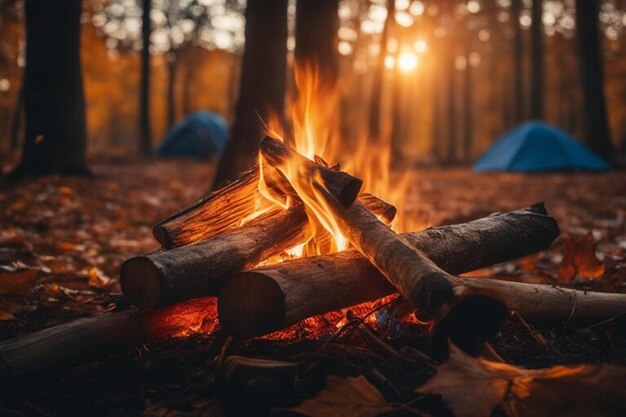 Lagerfeuer im Herbstwald in Nahaufnahme