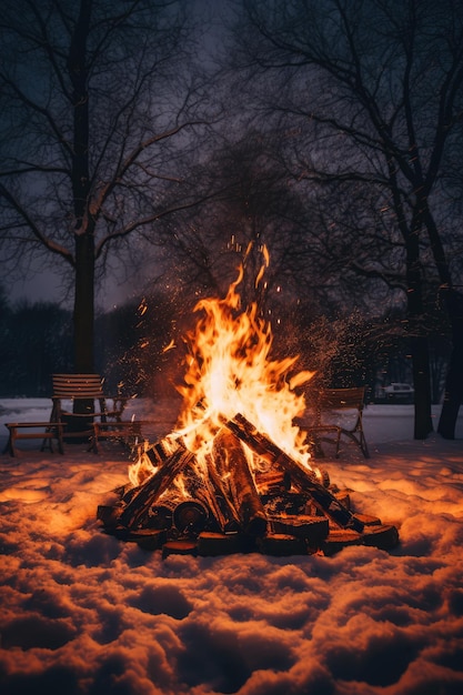 Lagerfeuer im Winterwald vor dem Hintergrund des Nachthimmels