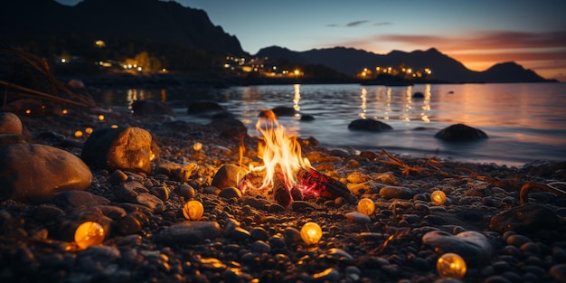 Lagerfeuer in der Nacht in einem See, der näher am Wasser zeltet. Generative KI