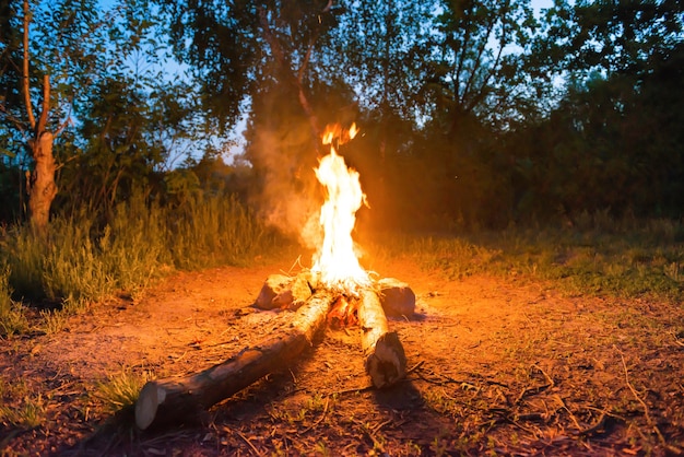 Lagerfeuer in der Nähe von Wasser im Wald nachts