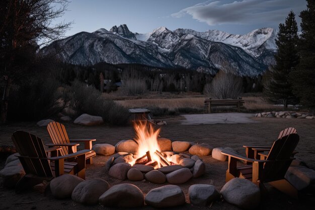 Lagerfeuer mit Blick auf die verschneite Bergkette, perfekt für einen Winterurlaub