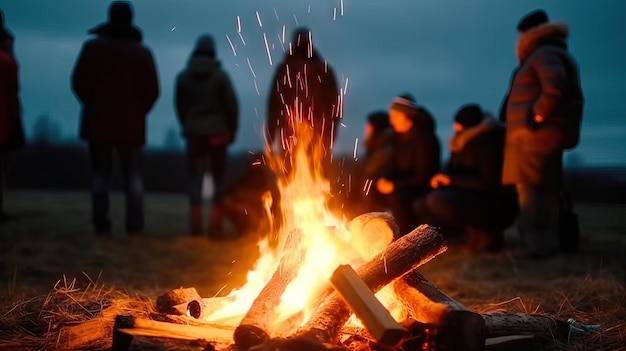 Lagerfeuer mit verschwommenen Menschen, die Spaß haben, Festivaltag, Sommercamp-Konzept, Nachtparty, Freunde beim Feiern