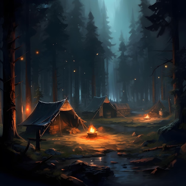 Lagerfeuer mit Zeltnacht im Wald