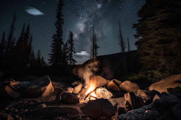 Lagerfeuer, umgeben von funkelnden Sternen am klaren Nachthimmel