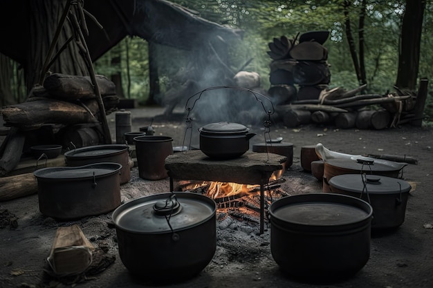 Lagerfeuer, umgeben von Kochtöpfen und Pfannen, bereit für eine warme Mahlzeit