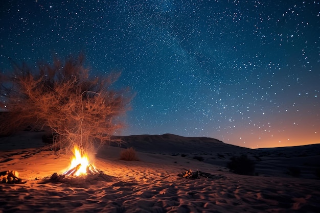 Lagerfeuer unter einem sternenbestrahlten Himmel in der Sahara-Wüste Lagerfeuer in einer Steinfeuergrube in der Wüste Ai erzeugt