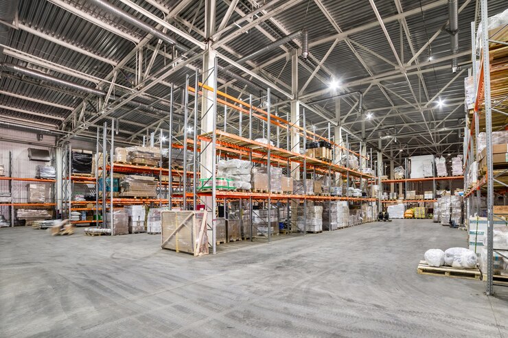 Lagerhaus von Logistikunternehmen. Lange Regale mit einer Vielzahl von Kisten und Behältern.