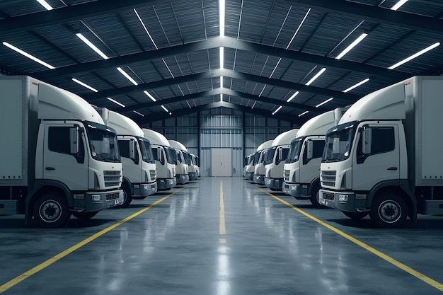 Lagerszene mit geparkten Lastwagen, die auf den Versand der Lieferung warten