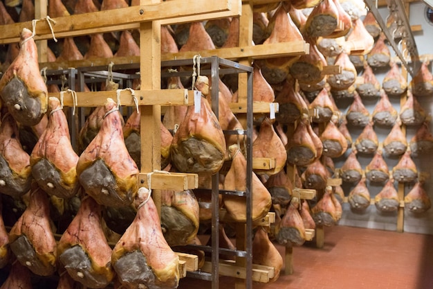 Lagerung von Prosciutto in einer Schinkenfabrik in Bologna Italien