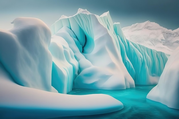 Lago en un acantilado de montaña cubierto de nieve bajo un cielo azul IA generativa