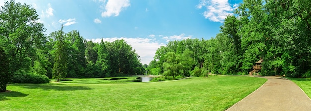 Lago y acera en el parque de primavera.