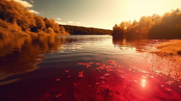 Un lago con agua roja y el sol brillando sobre él.