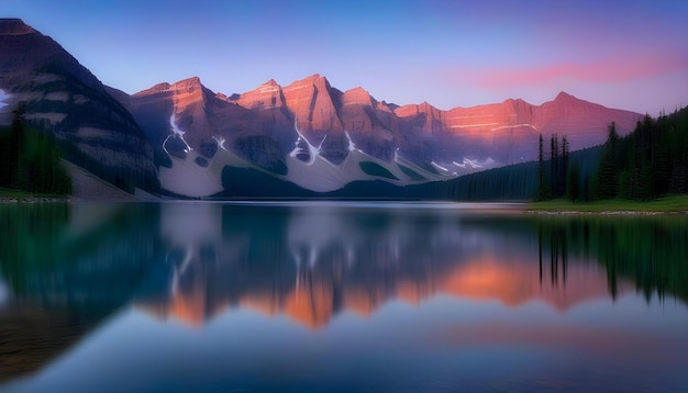 Un lago al amanecer con montañas en el fondo y un cielo colorido reflejado en el agua