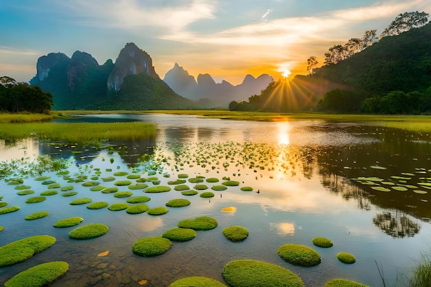 Un lago con algas verdes en primer plano