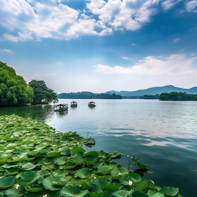 Un lago con algunos barcos y un cielo nublado