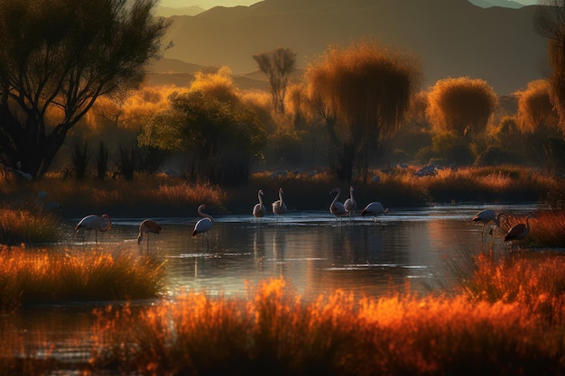 Un lago con algunos pájaros en primer plano y una montaña al fondo.