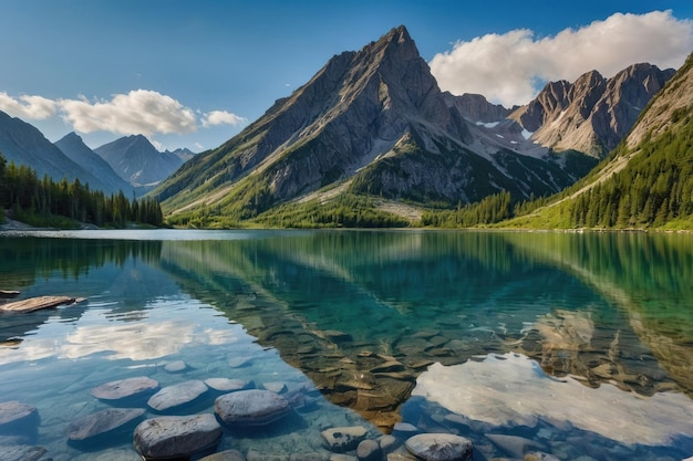 Lago alpino con aguas cristalinas y montañas