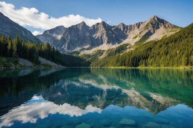 Lago alpino con aguas cristalinas y montañas