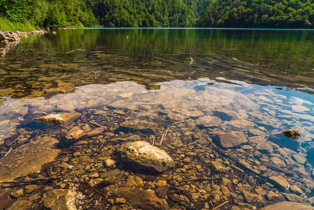 Lago alpino de las tierras altas con agua clara