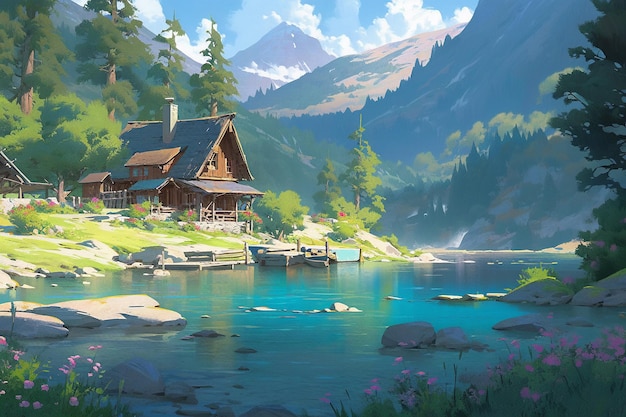 Lago aninhado entre montanhas imponentes ilustração de arte digital