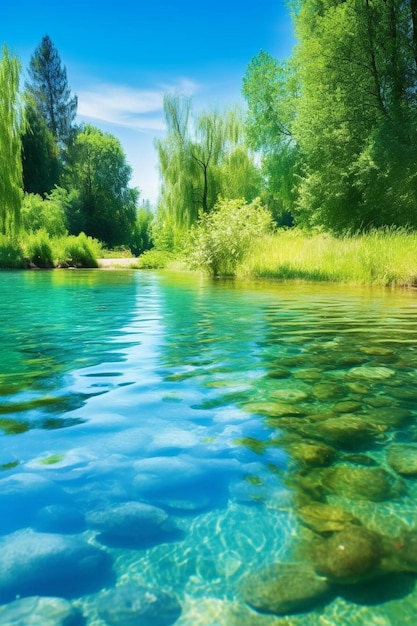 Foto un lago con un árbol en el agua y un árbol al fondo