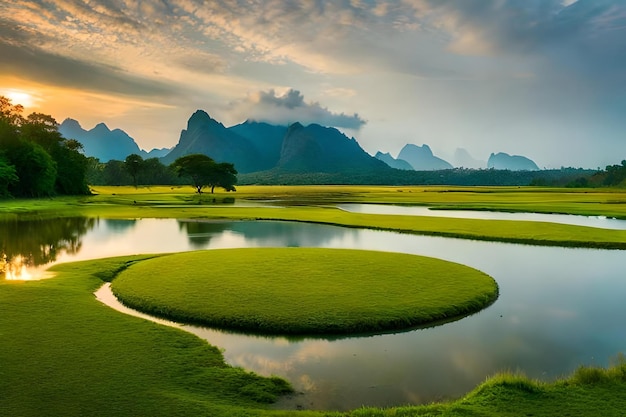 Un lago con un árbol en el fondo