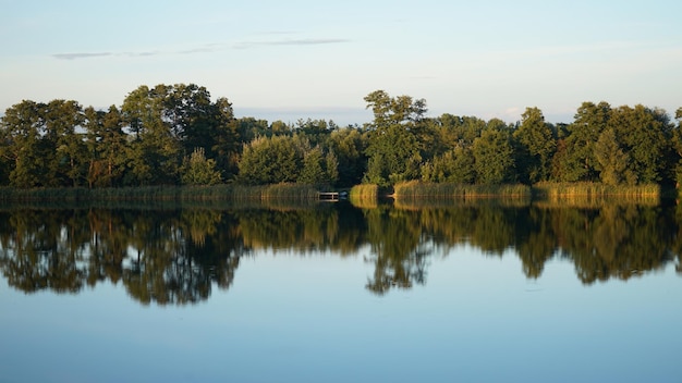 Un lago con árboles y un barco en primer plano