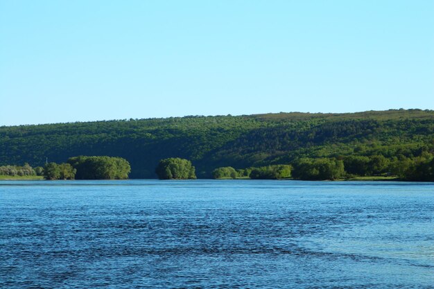 Foto un lago con árboles y un cielo azul