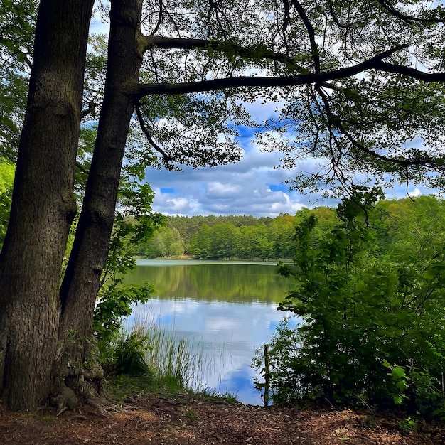 Un lago con árboles y un cielo azul.