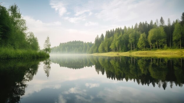 Un lago con árboles y un cielo nublado.