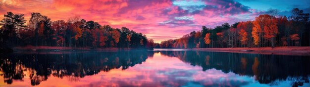 un lago con árboles y un cielo rosa