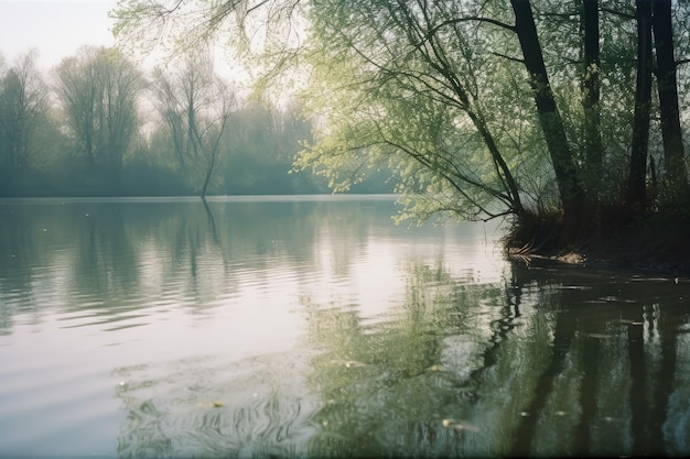 Un lago con árboles y un cuerpo de agua.