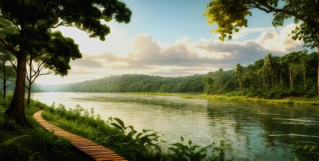 Lago con árboles a los lados tablero corriendo sobre el río entorno escénico natural dibujo de la naturaleza