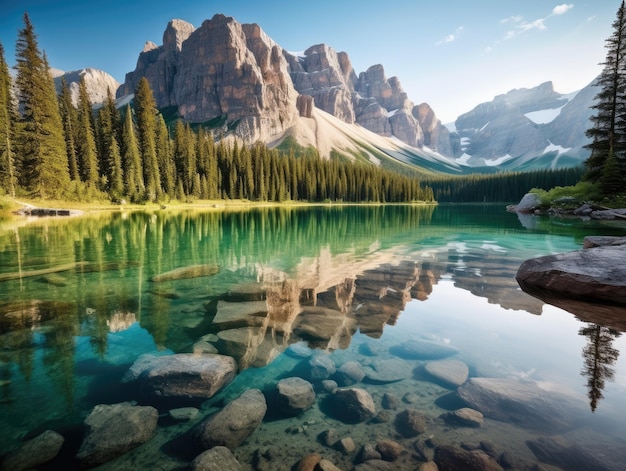 Un lago con árboles y montañas al fondo.