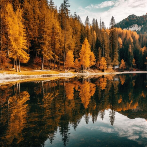 Un lago con árboles y montañas al fondo.