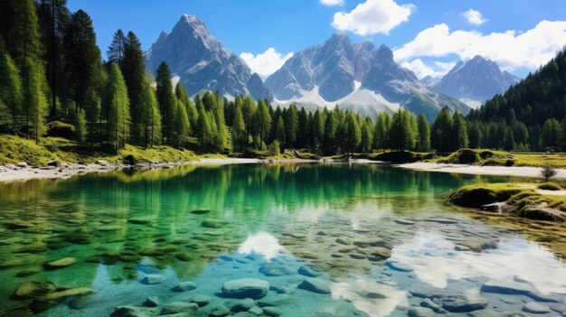 Un lago con árboles y montañas al fondo.