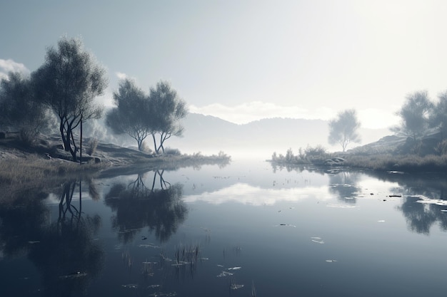 Un lago con árboles y montañas al fondo.