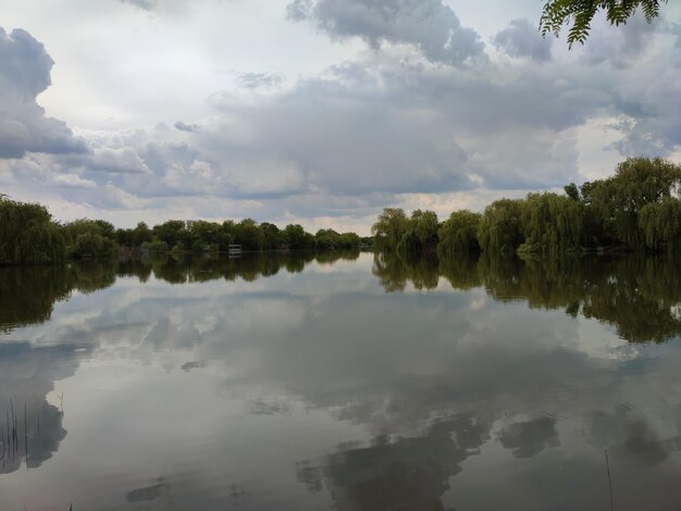 Un lago con árboles y nubes al fondo.