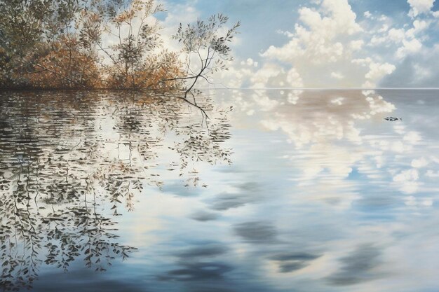 Un lago con árboles y nubes en el cielo.