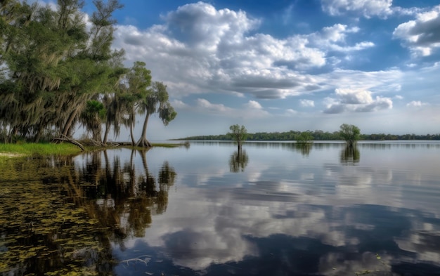 Un lago con árboles y nubes en el cielo.